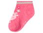 Rosa Kindersocke mit Schweinchenmotiv und Blumen.