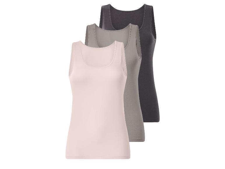 Drei Damen-Tanktops in Beige, Grau und Dunkelgrau.