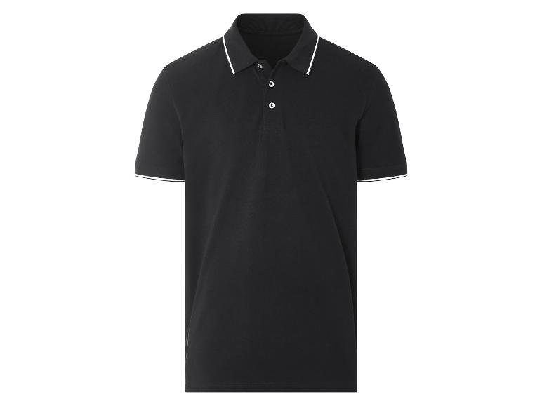 Schwarzes Poloshirt mit weißem Kragen.