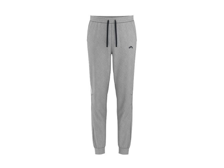 Graue Herren-Jogginghose mit schwarzem Kordelzug und kleinem schwarzem Logo.