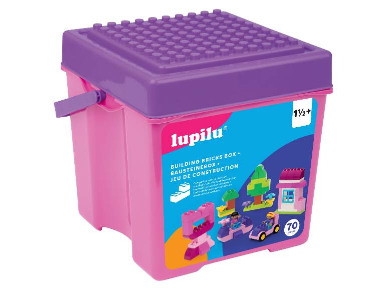 LUPILU® rosa Bausteinebox mit lila Deckel.