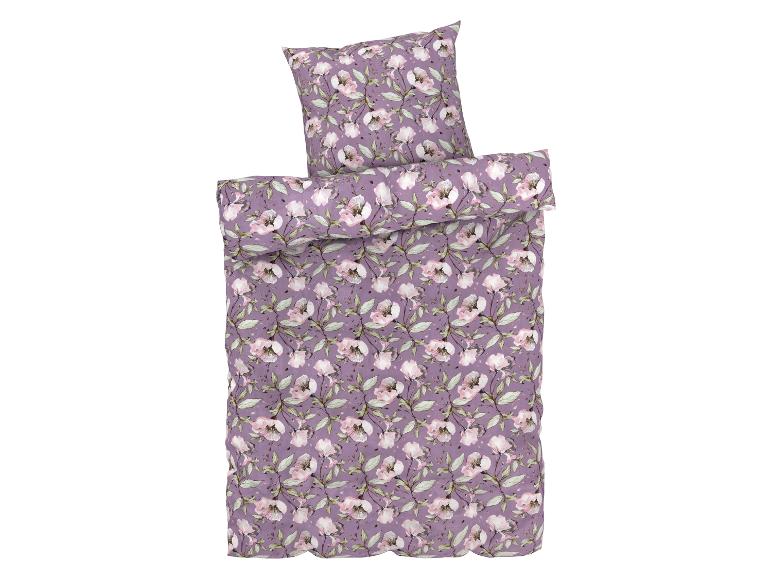 Lila Bettwäsche mit Blumenmuster: Bettbezug und Kissenbezüge.
