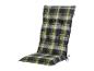Grün, grau und weiß kariertes Gartenstuhlpolster mit Livarno-Etikett.