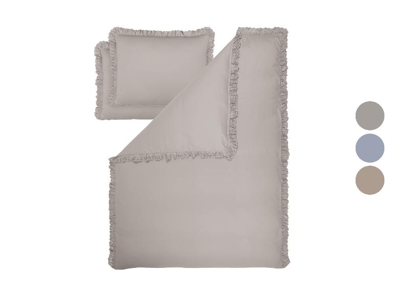 Graues Bettwäsche-Set mit Rüschen und Stickereien, mit Farbmustern.