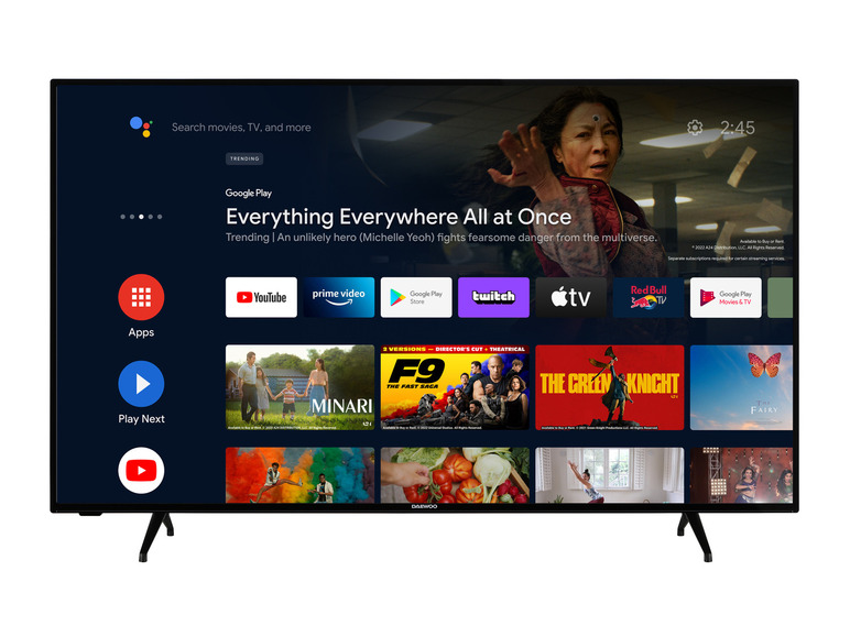 Ein Smart-TV mit Apps wie YouTube, Prime Video und Twitch, der den Film 'Everything Everywhere All at Once' abspielt.