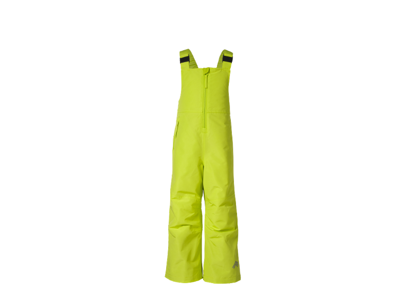 Neon-gelbe Skihose für Kinder mit verstellbaren Trägern und Frontreißverschluss.