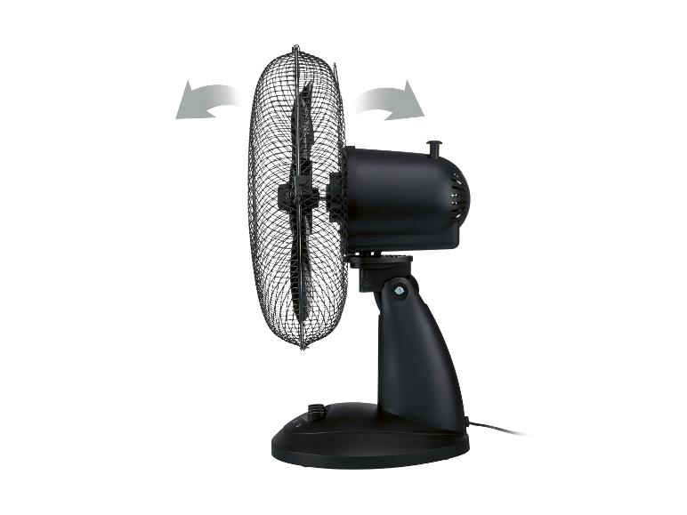 Schwarzer Tischventilator mit Oszillationspfeilen, Seitenansicht