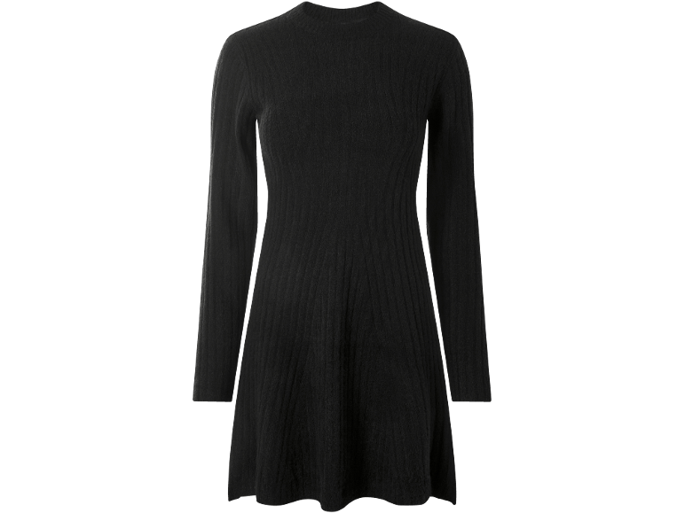 Schwarzes geripptes Strickkleid mit langen Ärmeln.