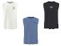 Drei ärmellose T-Shirts in Weiß, Blau und Schwarz mit sommerlichen Aufdrucken.