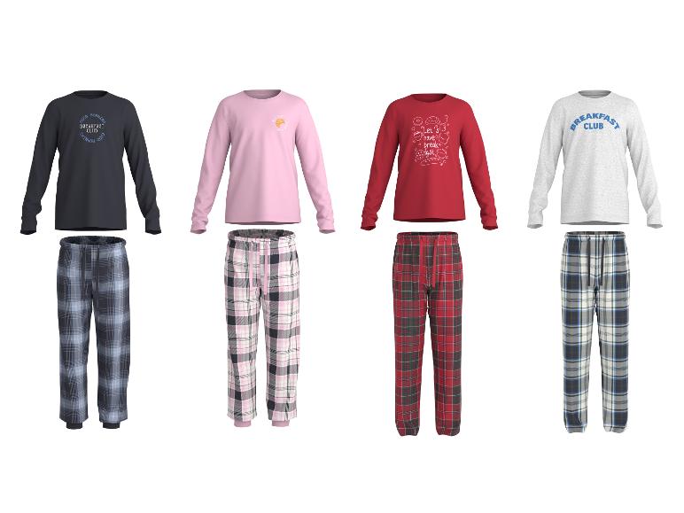 Vier Sets langärmeliger Schlafanzugoberteile und karierter Hosen mit Frühstücksmotiven.