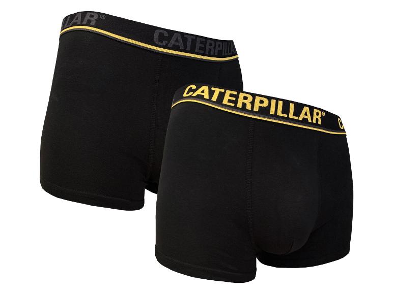 Zwei schwarze Boxershorts mit gelbem Caterpillar-Logo.