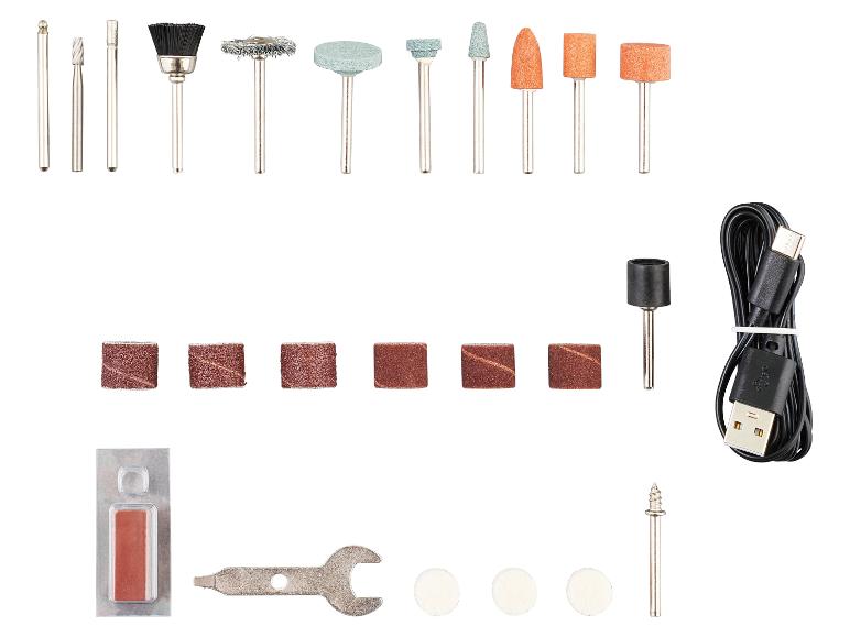 Zubehörset für Rotationswerkzeuge, bestehend aus Bohrern, Bürsten, Schleifsteinen, Schleifbändern und USB-Kabel.