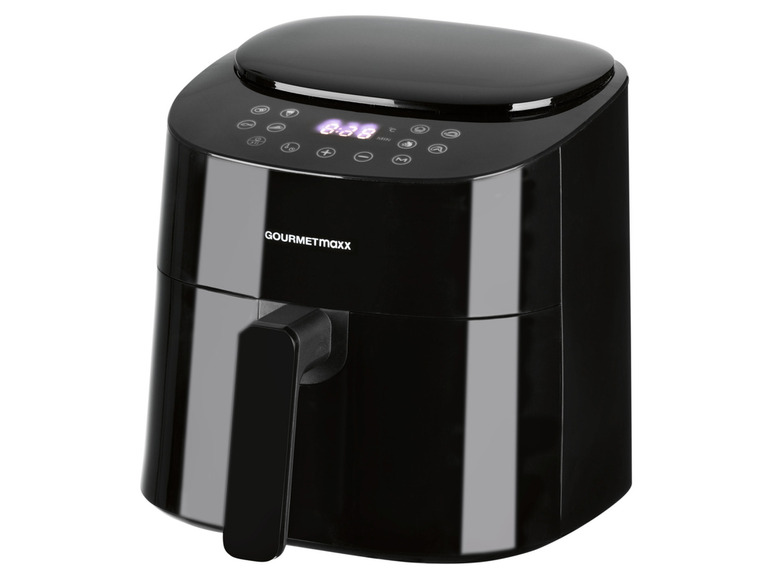 Eine schwarze Gourmetmaxx Airfryer mit digitalem Display.