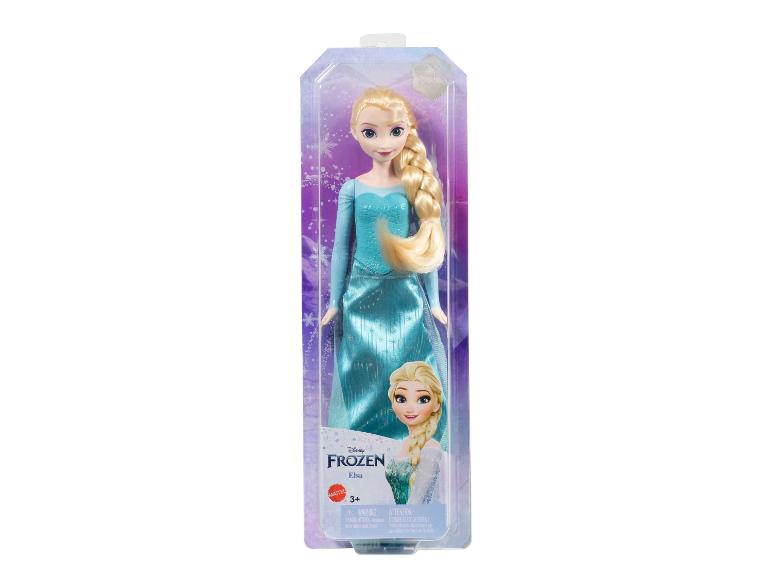 Elsa-Puppe aus Die Eiskönigin im blauen Kleid, Verpackung mit der Aufschrift „3+“.