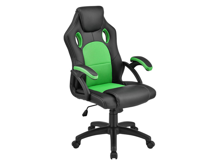 Ein schwarzer und grüner Gaming-Stuhl mit Armlehnen.
