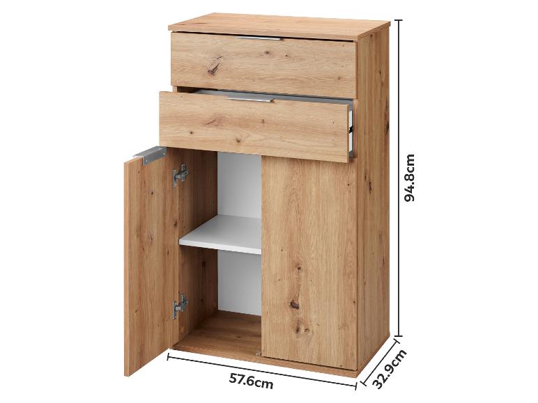 Heller Holzschrank mit zwei Schubladen und einem Schrank mit verstellbarem Regal, Maße 94.8x57.6x32.9cm.