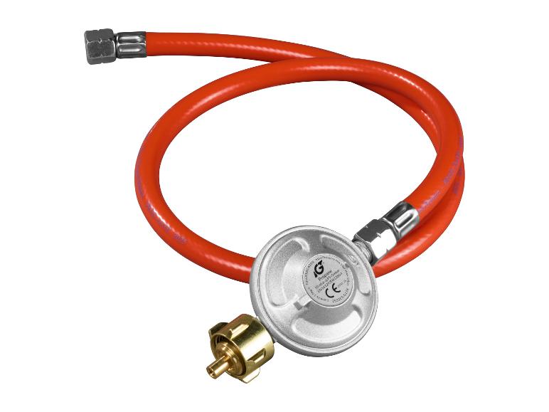 Orangener Propanschlauch und -regler.