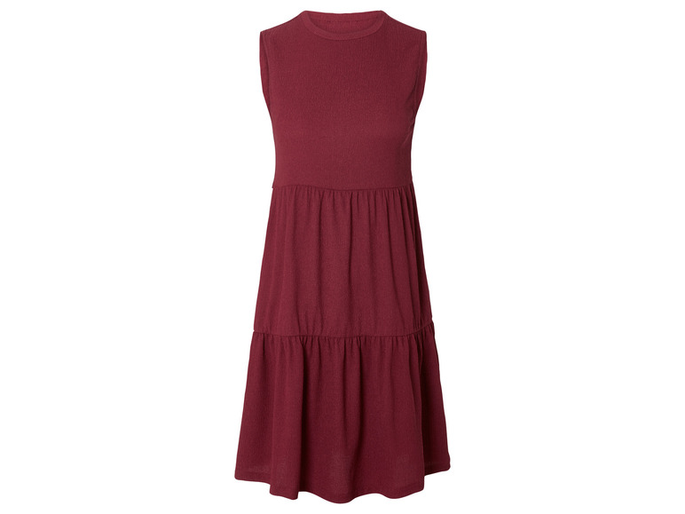 Ein dunkelrotes, ärmelloses Kleid mit ausgestelltem Rock