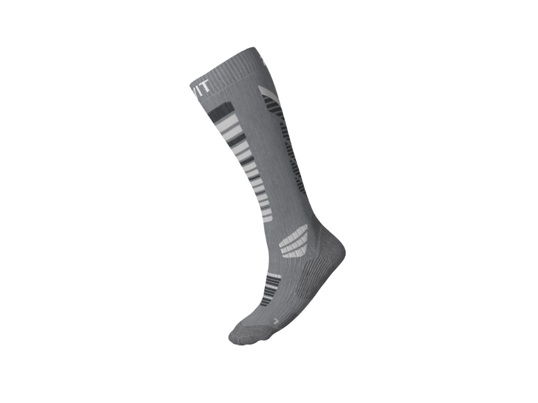 Graue Sportsocke mit weißen und schwarzen Streifen.