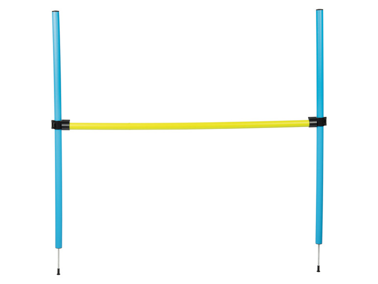Ein blaues und gelbes Agility-Hindernis für Hunde.