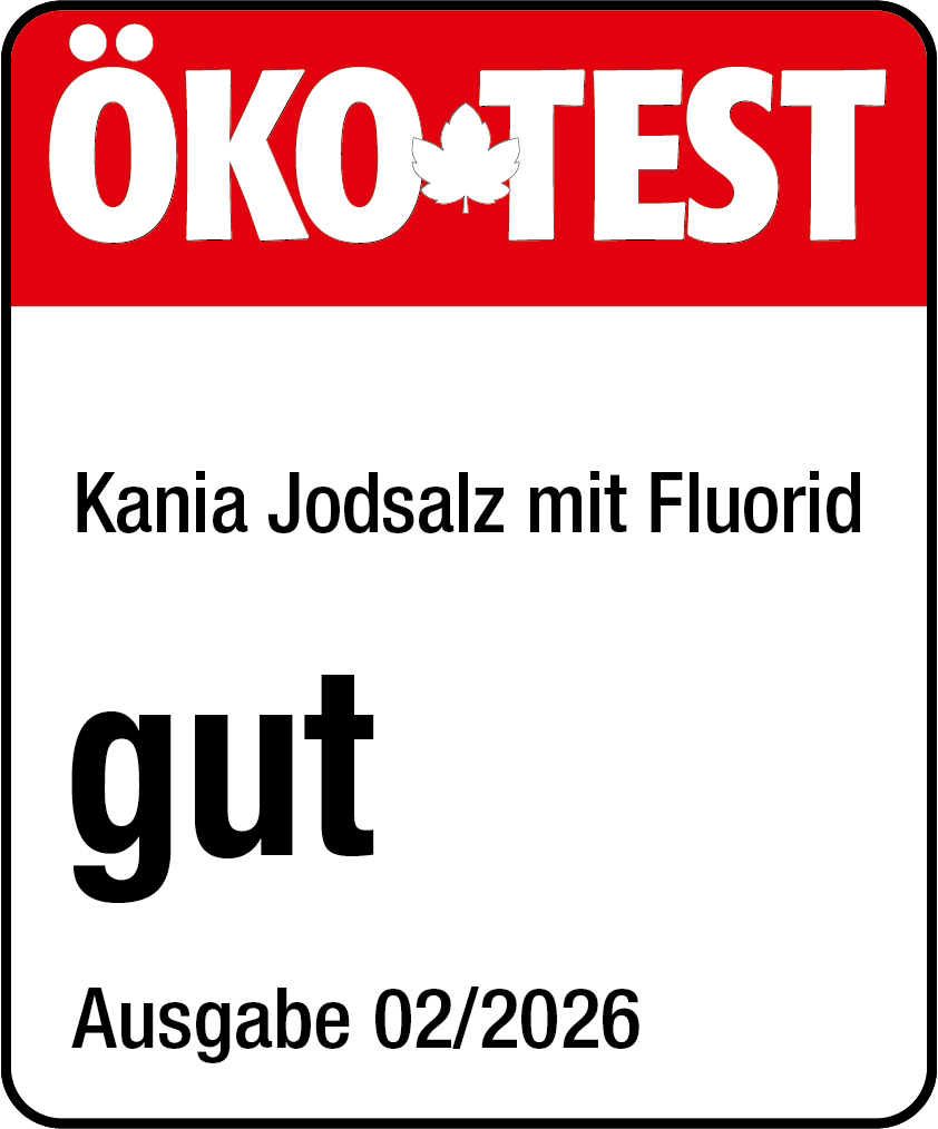 ÖKO-TEST Label für Jodsalz mit Fluorid, bewertet mit 'gut' in der Ausgabe 02/2026.