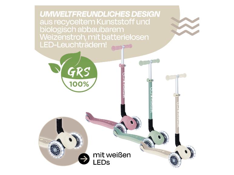 Umweltfreundliche Roller aus recyceltem Kunststoff und Weizenstroh, mit weißen LED-Rädern.