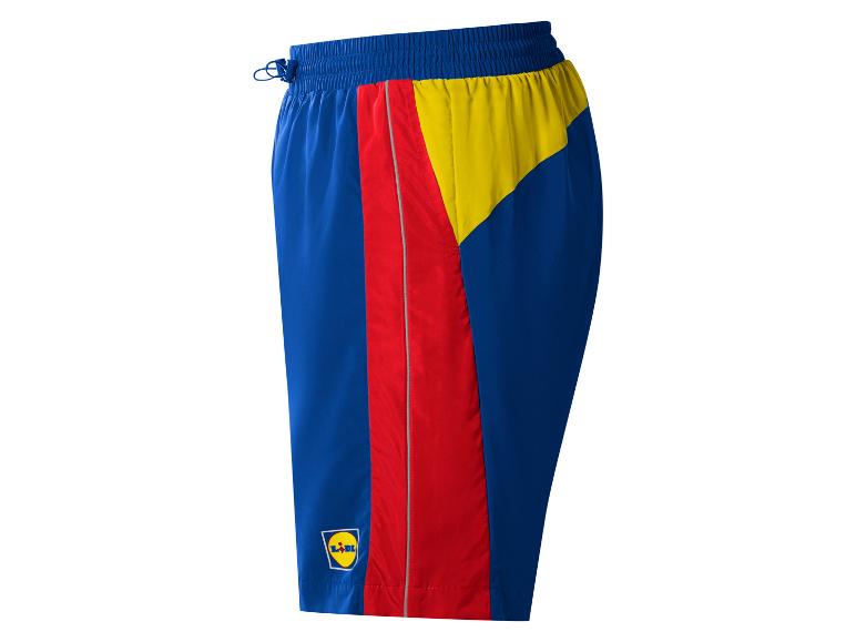 Blaue, rote und gelbe Badeshorts mit verstellbarem Kordelzug und Logo.