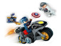 LEGO Captain America auf einem Motorrad mit Scheibe und Gegner.
