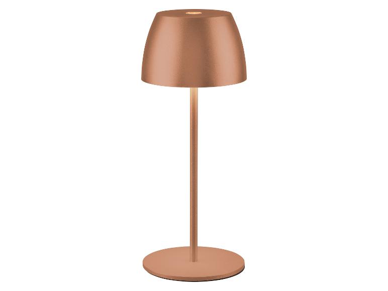 Kupferfarbene Tischlampe mit Standfuß und leuchtendem Schirm.