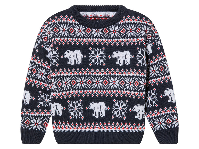 Ein blauer Weihnachtspullover mit Rentier- und Schneeflockenmotiven.