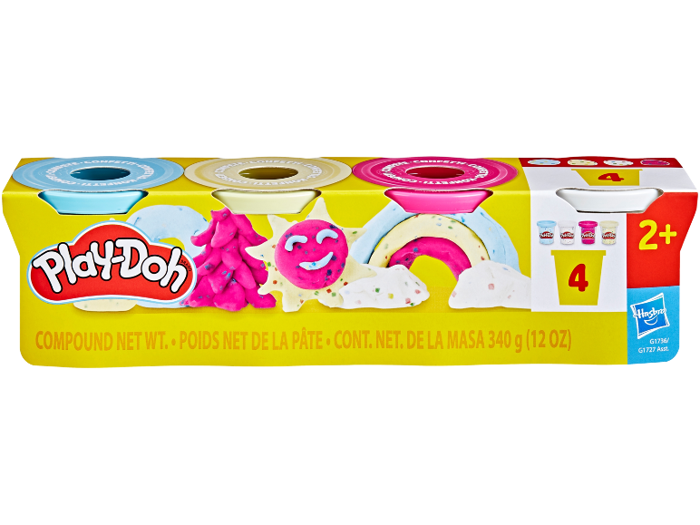 Packung mit 4 Dosen bunter Knetmasse mit Konfetti, Nettogewicht 340g.