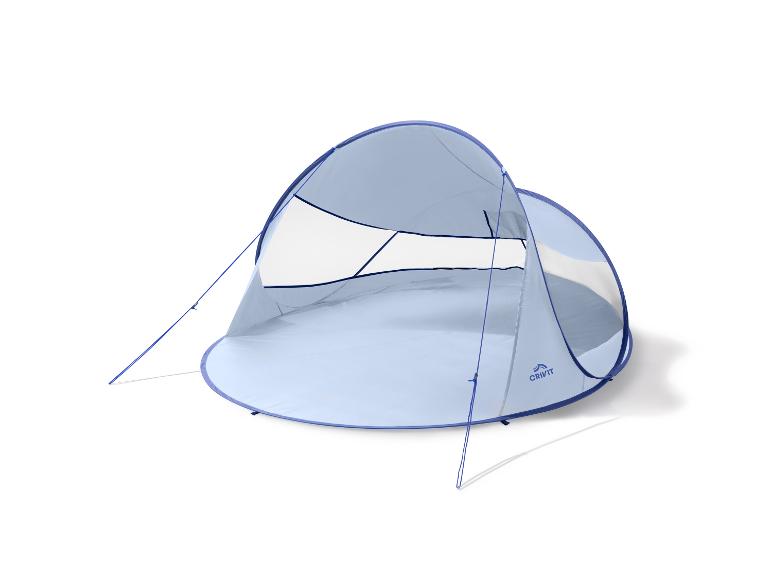 Hellblauer Pop-up-Strandmuschel mit dunkelblauer Umrandung und Abspannseilen