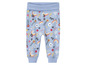 Baby-Hose in Blau mit Regenbogen- und Blumenmuster.