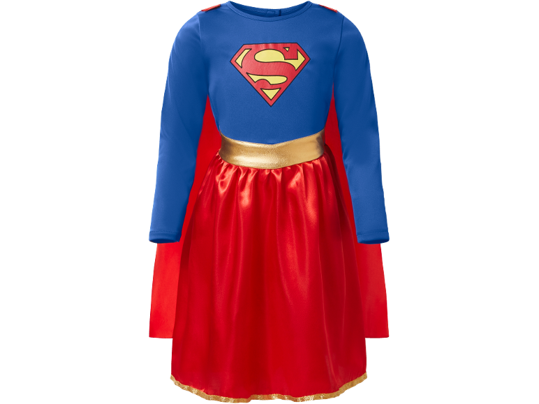 Blau-rotes Supergirl-Kinderkostüm mit Superman-Logo und goldenem Taillenband.