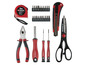 Ein Satz Parkside-Werkzeuge mit einem Maßband, einer Zange, Schraubendrehern, einer Schere und einem Cuttermesser.