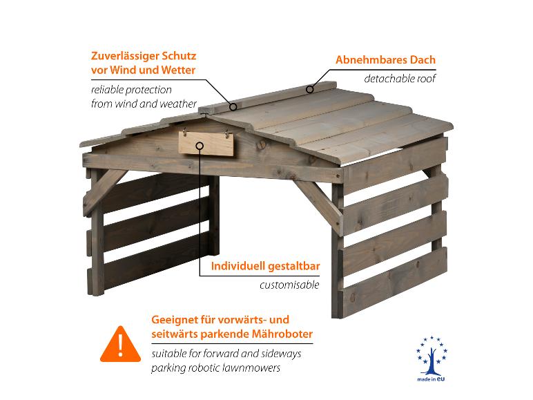 Roboter-Rasenmäher-Garage aus Holz mit abnehmbarem Dach, anpassbar, für Vorwärts- und Seitwärtsparken.