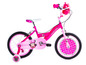 Ein rosa Minnie Mouse Kinderfahrrad mit Stützrädern.