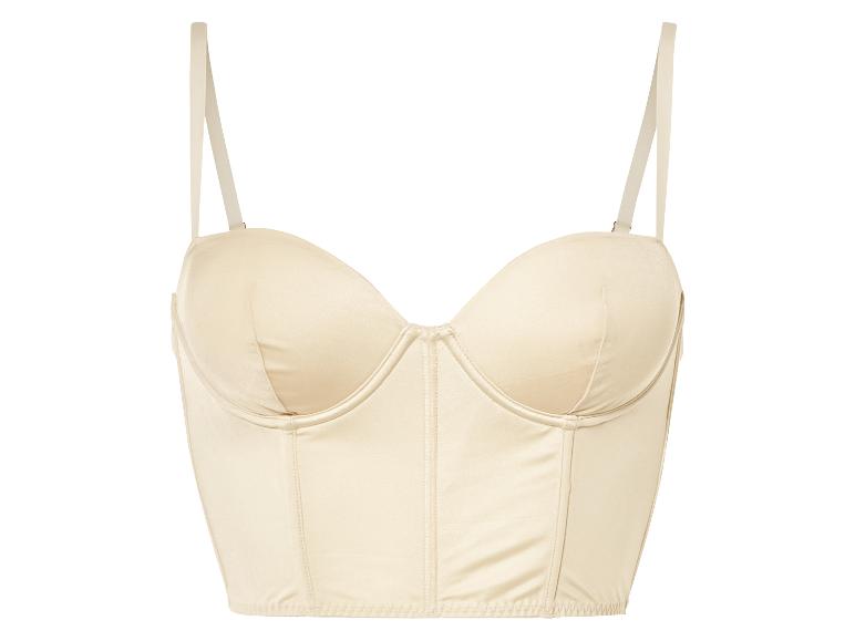 Ein beigefarbenes Satin-Bustier mit Bügel.