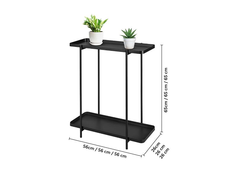 Schwarzes Metallregal mit zwei Ebenen und zwei Topfpflanzen, mit Maßangaben.