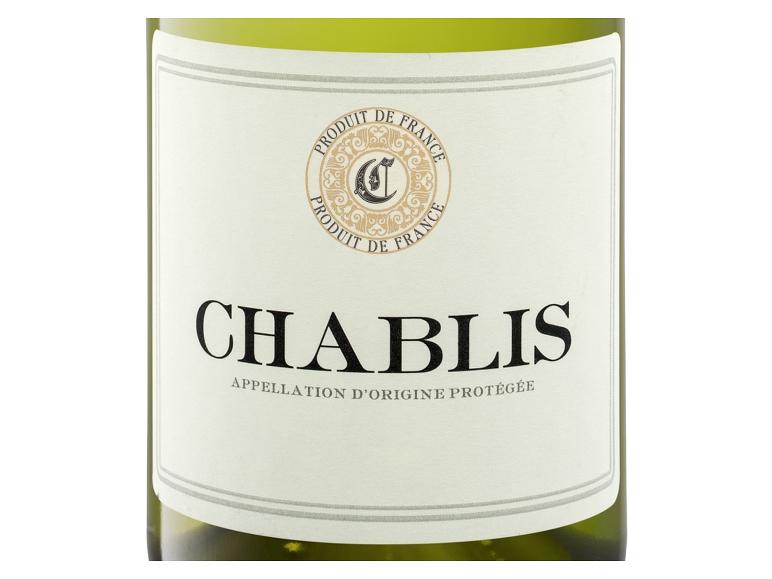 Etikett einer Weißweinflasche mit „Chablis“ und „Appellation d'Origine Protégée“ Text