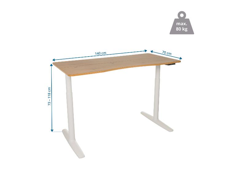 Höhenverstellbarer Schreibtisch mit Holzplatte, 140x70 cm, Höhe 73-118 cm, max. 80 kg.