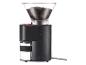 Schwarze Kaffeemühle mit transparenten Behältern für Bohnen und gemahlenen Kaffee.