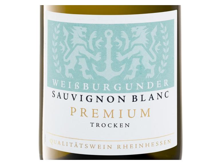 Weißweinetikett für Weißburgunder Sauvignon Blanc Premium Trocken Rheinhessen, mit Wappen mit Löwen und Anker.