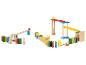 Holz-Domino- und Kugelbahn-Set mit farbigen Teilen und Rampen.