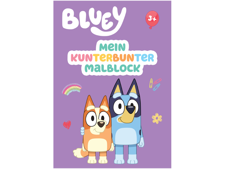 Bluey Malbuch mit Figuren und dem Text „Mein kunterbunter Malblock“.