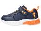Blaue Kindersneaker mit orangefarbenen Details und einem Cartoon-Löwen