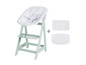 Ein grüner Hochstuhl mit einem weißen, gepolsterten Sitz und zwei zusätzlichen Kissen.