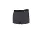 Dunkelgraue Boxershorts mit schwarzem Gummibund und kleinem Etikett mit Text.