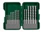 Ein Satz von 12 Bohrer in einer grünen Aufbewahrungsbox.