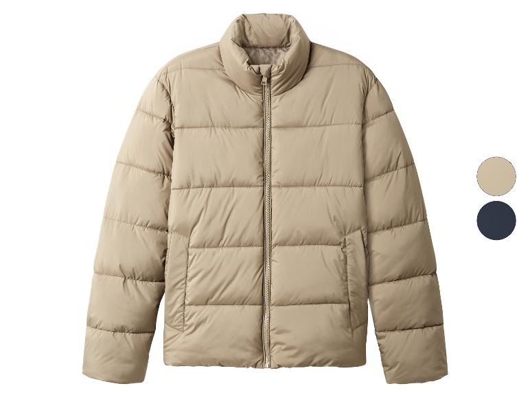 Eine beige Pufferjacke mit Reißverschluss und zwei Farbmustern.